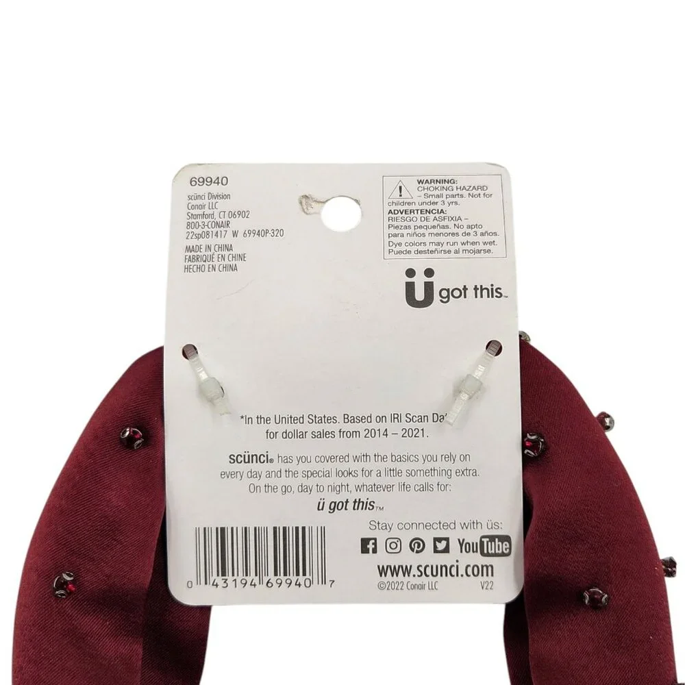 Scunci Hair Headband‎ Womens 1 Pc Red Deep Rose Color Jewels Satin Fabric